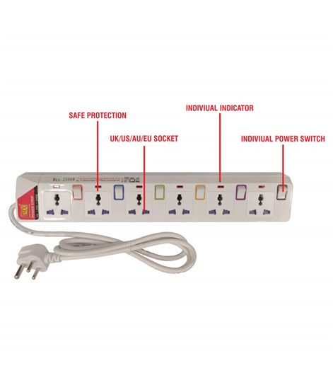 MX 6 Way Outlet Power Strip With Universal Socket