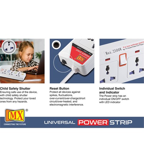 MX 6 Way Outlet Power Strip With Universal Socket