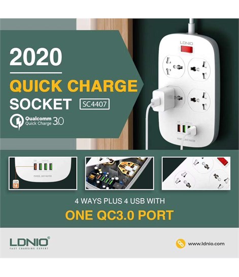 LDNIO SC4407 4 Socket + 4 USB Defender Series 2500W