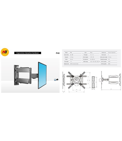 NB P40 New Full Motion Cantilever Wall Mount For 32" To 60" LCD/LED TV Up To 31.8 Kg.