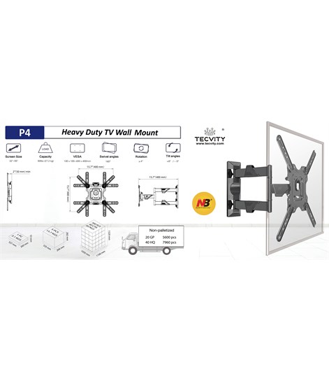 NB P4 New Full Motion Cantilever Wall Mount for 32" to 50" LCD/LED TV up to 27 Kg.