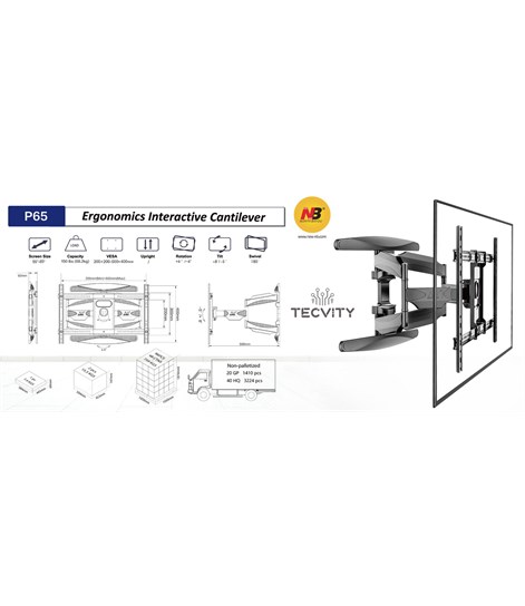 NB P65 New Full Motion Cantilever Wall Mount For 55" To 85" LCD/LED TV Up To 68.2 Kg.