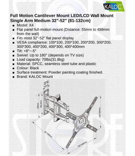 Kaloc X4 New Full Motion Cantilever Wall Mount For 32" To 55" LCD/LED TV Up To 31.8 Kg.