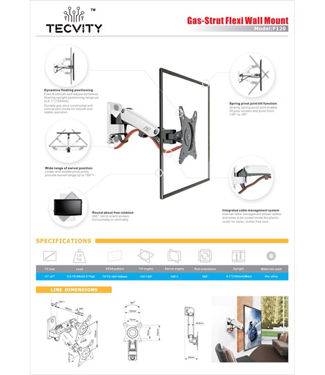 NB F120 Gas Strut Flexi Wall Mount For 17" To 27" Monitors