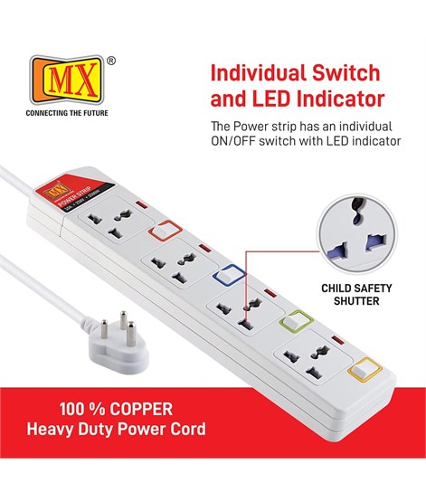 MX 4 Way Outlet Power Strip with Universal Socket