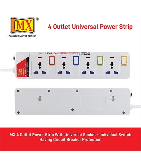 MX 4 Way Outlet Power Strip with Universal Socket