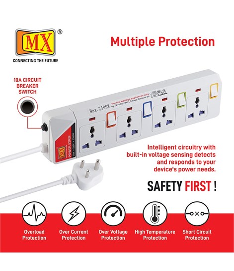 MX 4 Way Outlet Power Strip with Universal Socket