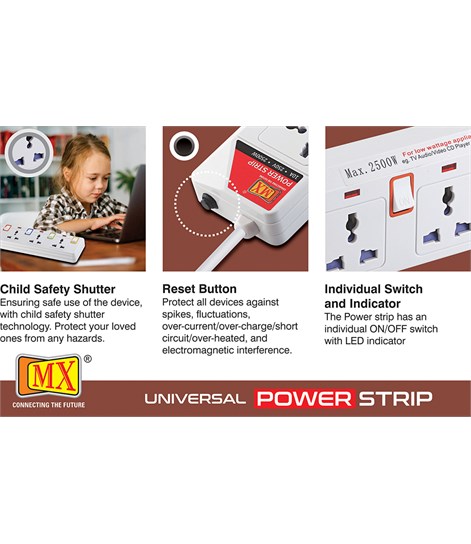 MX 4 Way Outlet Power Strip with Universal Socket