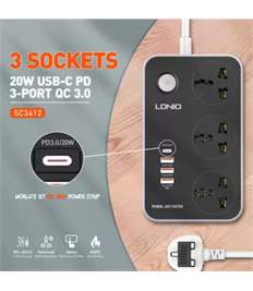 LDNIO SC3412 Fast Charge 20W with 3 Power Ports and 3 USB 3.0 Ports Fast Charge 7 Socket Extension B