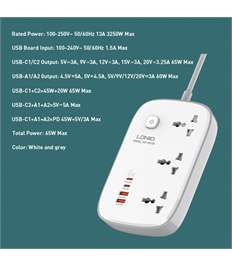 LDNIO SC3416 Extension Socket 3socket 65w PD3.0 + 60W QC3.0 Fast Charge Power 3250W-Line Cable 2m SC