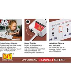 MX 4 Way Outlet Power Strip with Universal Socket